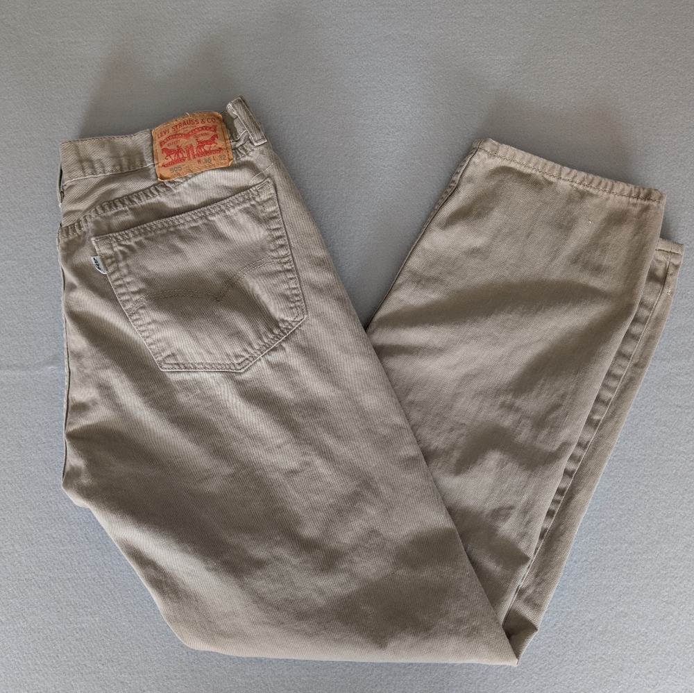 Levis Mens 505 Regular Fit Straight Leg Jeans Beige Khaki 36x32 Workwear Casual image 3